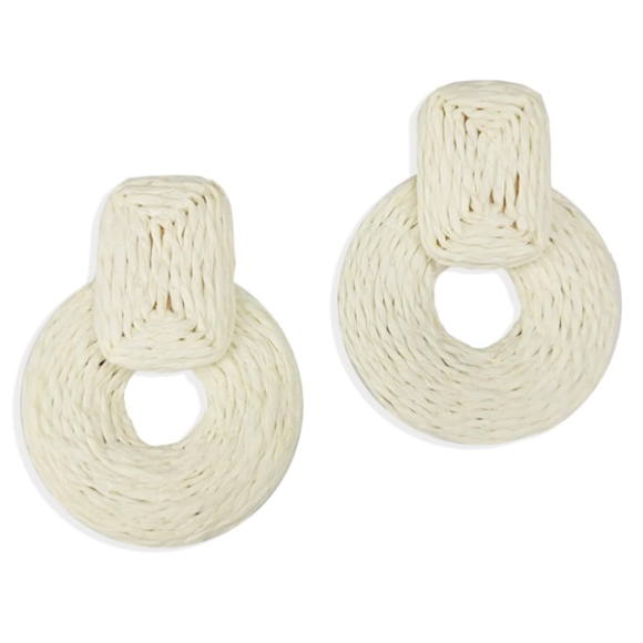 Big White Raffia Rattan Earrings Wicker Door Knocker 90s Retro Summer Statement - Picture 3 of 6